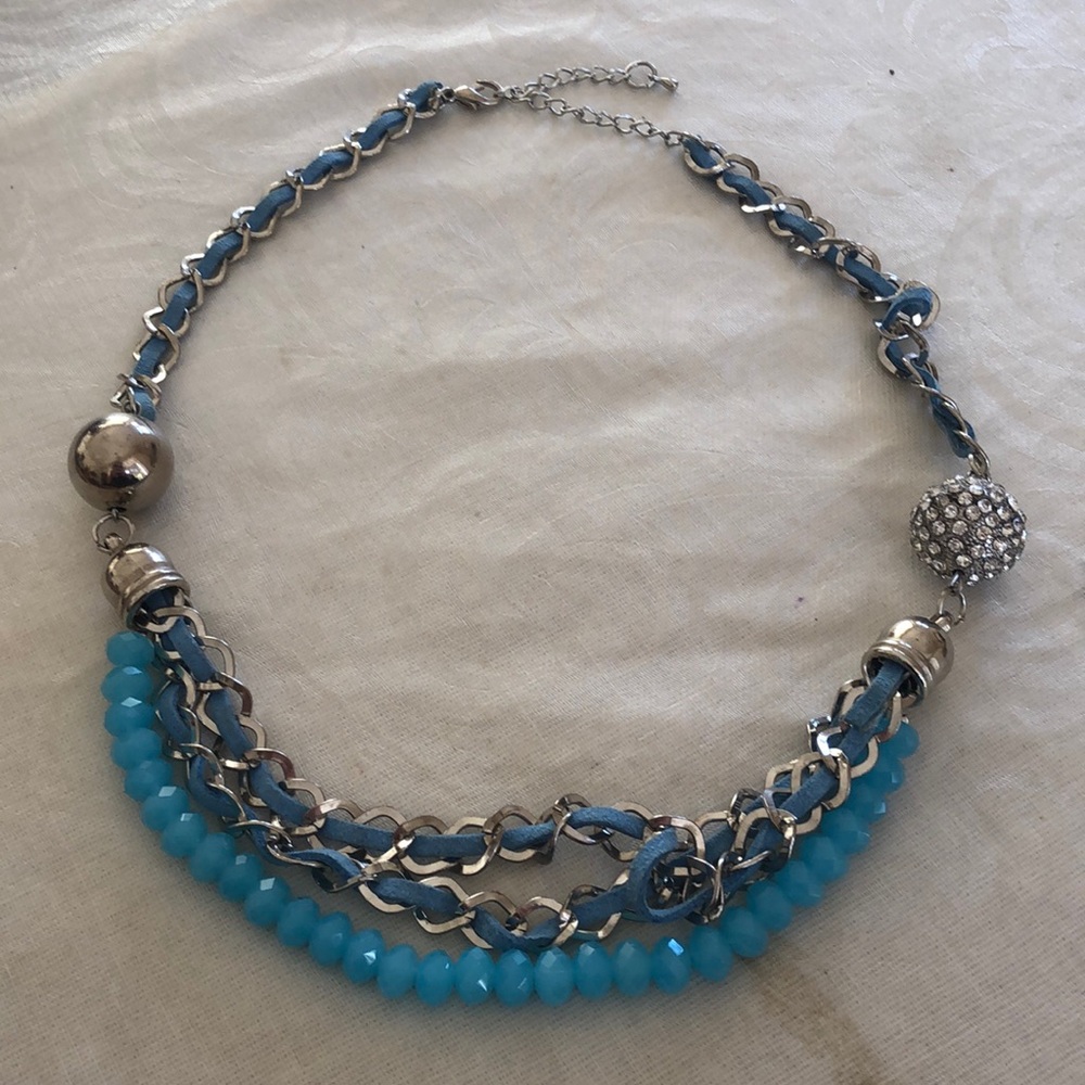 multi strand turquoise color and silver tone necklace